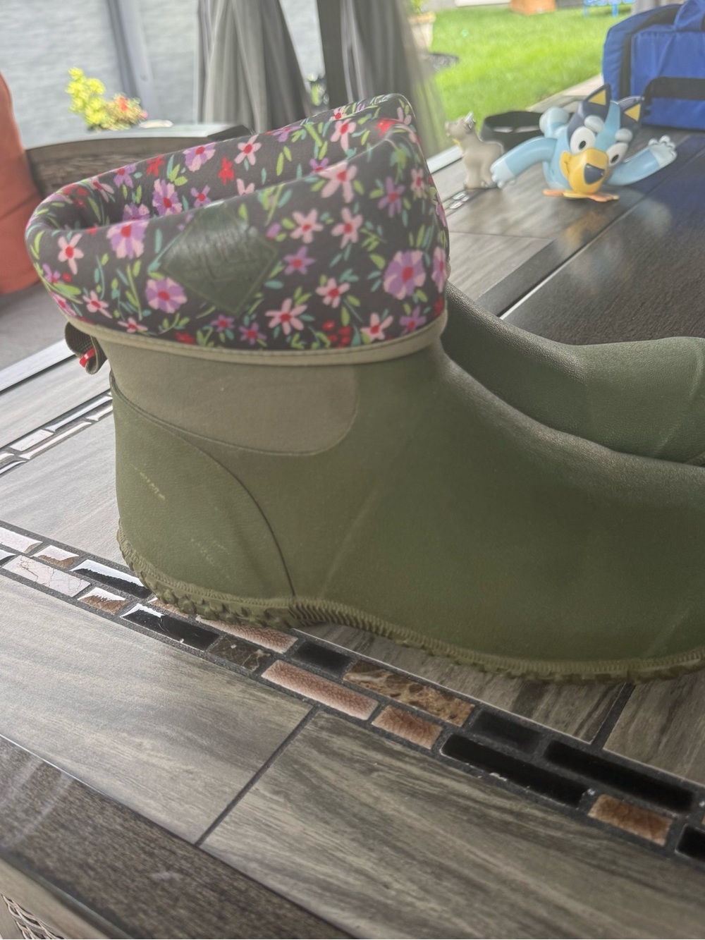 Womens Olive Green Waterproof Ankle Rain Boots with Floral Cuff - Picture 2 of 8